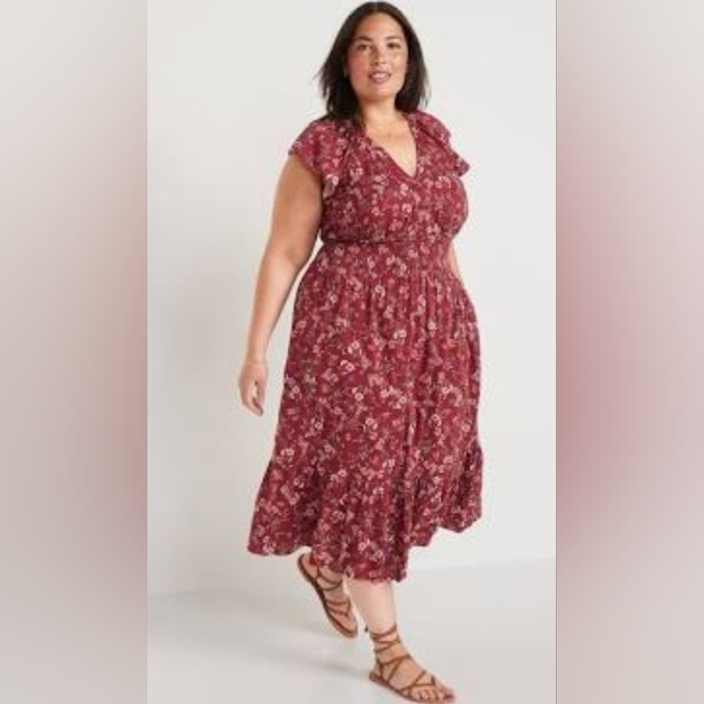 OLD NAVY Waist-Defined Flutter-Sleeve Smocked Floral Midi Dress Size: 2X
